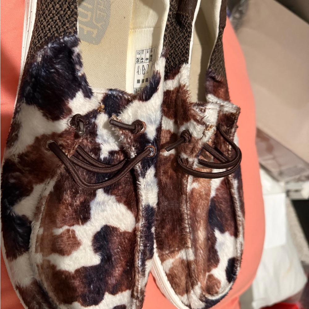 Hey Dude Brown and White Cow Print Flats